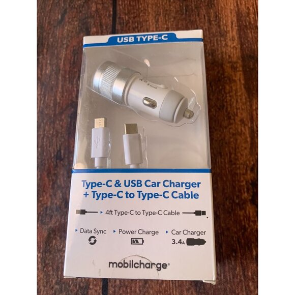 Type-C & USB Car Charger With 4ft Type-C To Type-C Cable - Picture 1 of 2